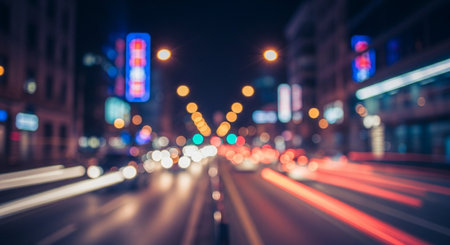 Blurred of car on road with bokeh light in city at nightの素材