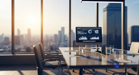 Modern conference room interior with city view and daylight. 3D Renderingの素材