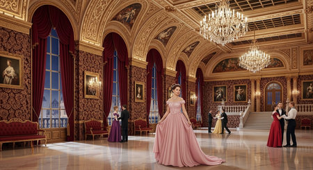 Luxury bride in a long pink dress in the interior of the royal palaceの素材