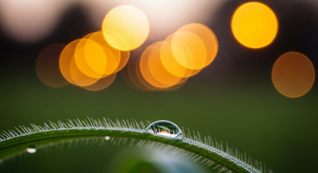 Water drop on green grass with bokeh light background in morning.の素材