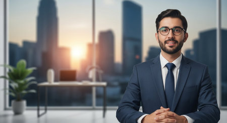 businessman in eyeglasses and suit looking at camera in officeの素材