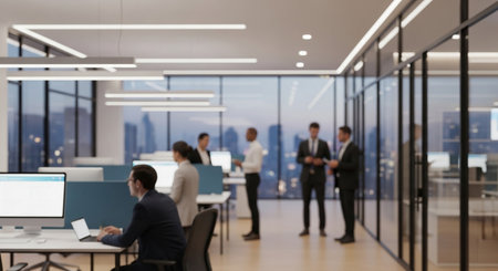 Blurred background of business people working together in modern office with city viewの素材
