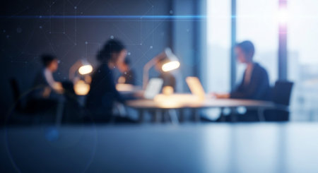 Business people working together in modern office with double exposure of network connection conceptの素材