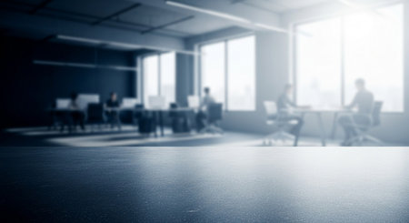Empty table in front of blurred office interior. 3D Renderingの素材