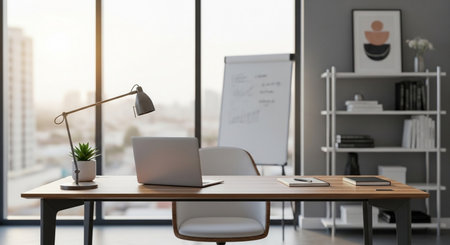 Laptop and tablet on wooden table in modern office, 3d renderの素材