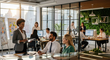 Group of multiethnic business people working together in modern office. Selective focusの素材