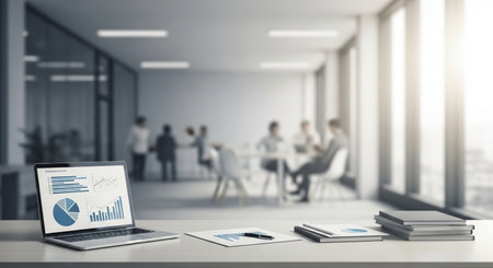 Laptop with financial chart on table in modern office. 3d renderingの素材