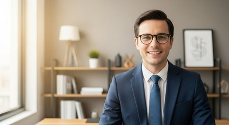 Portrait of handsome young businessman in eyeglasses smiling and looking at camera while standing in officeの素材