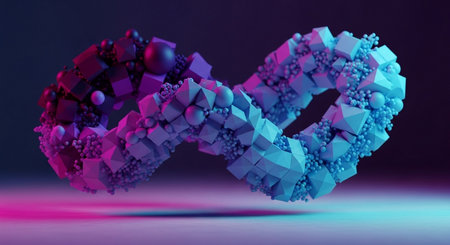 3d rendering of abstract geometric shape in violet and blue neon lightsの素材