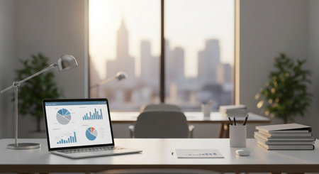 Laptop on the desk with city view in the background, 3d renderingの素材