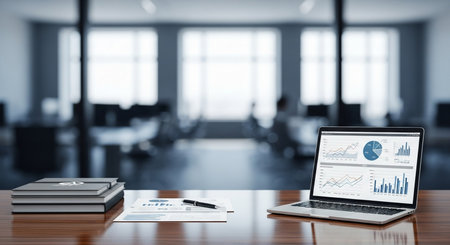 Laptop with financial charts and graphs on table in modern office. Accounting conceptの素材