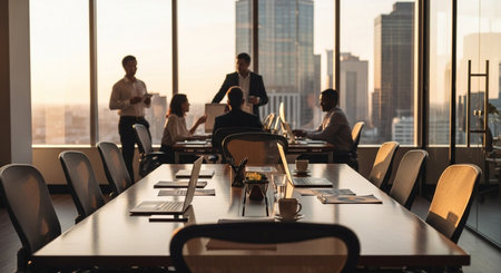 Business people meeting in modern conference room with panoramic city viewの素材