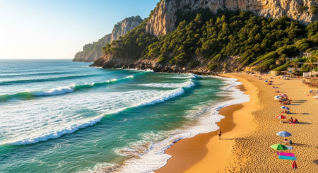 Panoramic view of Cala Figuera beach on Costa Brava, Catalonia, Spainの素材