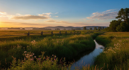 Sunset over a meadow with a small stream in the foregroundの素材