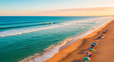 Aerial view of beautiful sandy beach with sunbeds and umbrellas at sunset timeの素材
