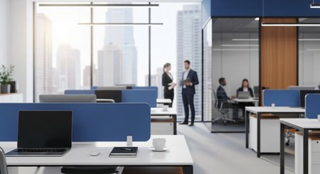 Interior of modern open space office with blue and white walls, concrete floor, rows of computer tables with laptops and glass doors. Blurry cityscape. 3d renderingの素材