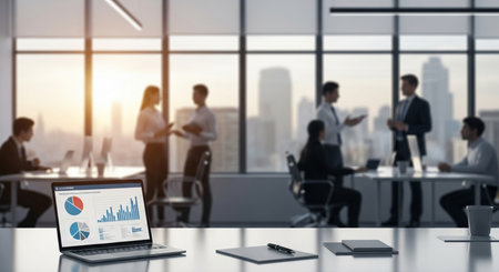 Laptop screen with financial chart on table in modern office with business people in the backgroundの素材
