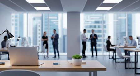 Blurred image of modern office with business people working in the backgroundの素材