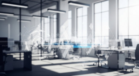 Conceptual background image with media icons on screen and office interiorの素材