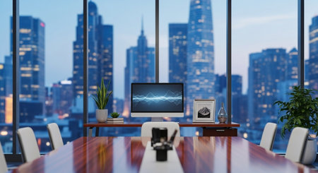 3D rendering of a conference room interior with a view of the cityの素材