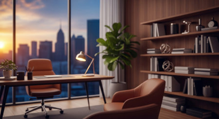 Modern office interior with furniture and city view. 3D Renderingの素材