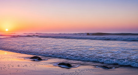 Sunset on the beach. Beautiful sunrise on the beach with waves.の素材