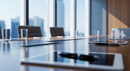 Close up of a modern meeting room interior with a panoramic window, a city view and a computer tablet. 3D Renderingの素材