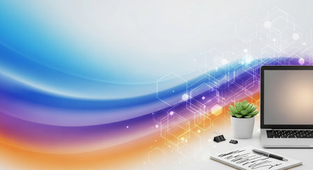 Office workplace with laptop and plant on white background. Vector illustration.の素材