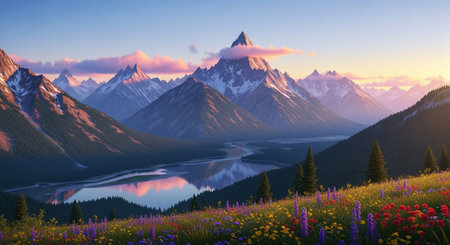 Mountain landscape with lake and flowers at sunset. Panoramic viewの素材