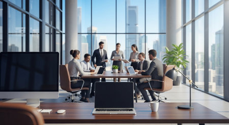 Group of business people working together in modern office with panoramic windowsの素材