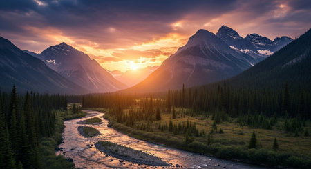 Sunset over the Bow River in Banff National Park, Alberta, Canadaの素材