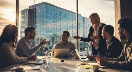 Group of business people working together in modern office. They are sitting at the table and talkingの素材