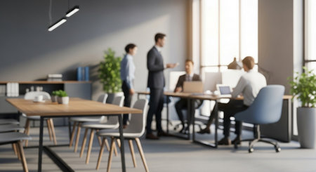 Blurred image of open space office with business people in the backgroundの素材