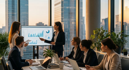 Group of business people in smart casual wear working and communicating while sitting at the table in modern officeの素材