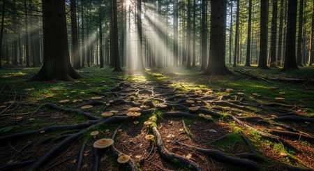 Sun rays shining through the tree trunks in a dark forest.の素材
