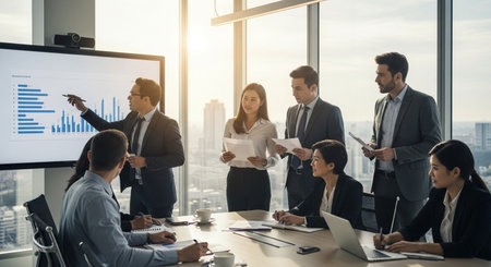 Group of business people discussing business plan at meeting room in modern office.の素材