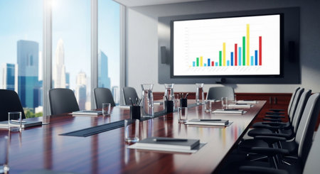 Modern conference room interior with city view and city view. 3D Renderingの素材
