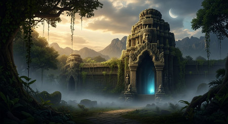 Mystical temple in the jungle. 3d render illustration.の素材