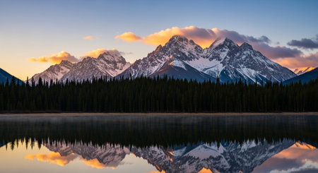 Mountains reflected in a lake at sunset, Jasper National Park, Alberta, Canadaの素材