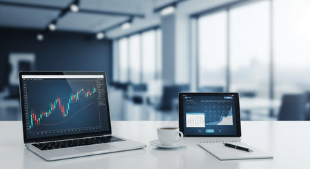 Laptop with stock market chart on screen. 3d rendering.の素材