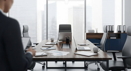 Side view of businesswoman sitting at the table in modern office with panoramic window and city view. Workplace conceptの素材