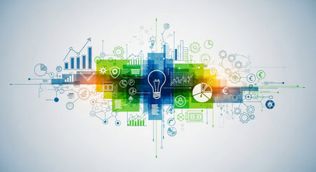 Background image with business and technology icons on media screen. Mixed mediaの素材