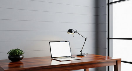 Laptop with blank screen on wooden table in modern office. Mock up, 3D Renderingの素材