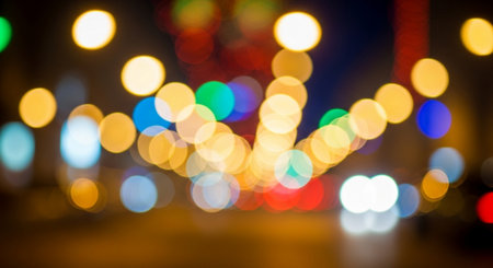 abstract background of bokeh defocused lights on the streetの素材