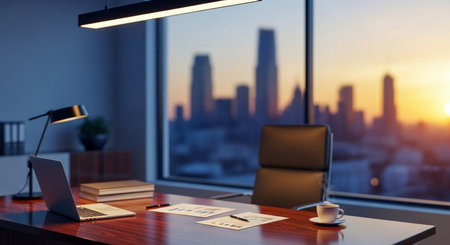 Office interior with city view and daylight. 3d rendering mock upの素材