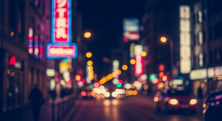 Blurred bokeh of city street at night, vintage toneの素材