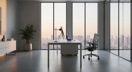 Modern office interior with panoramic window and city view. 3D Renderingの素材
