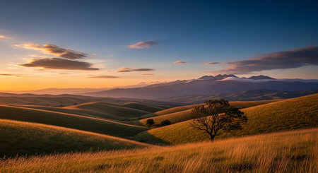Sunset in Tuscany, Italy. Beautiful landscape with a lone tree in the foreground.の素材