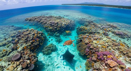 Aerial view of a beautiful tropical coral reef with fish and marine lifeの素材