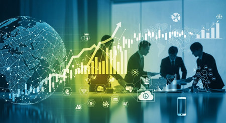 Double exposure of business people working with virtual screen and financial chart.の素材
